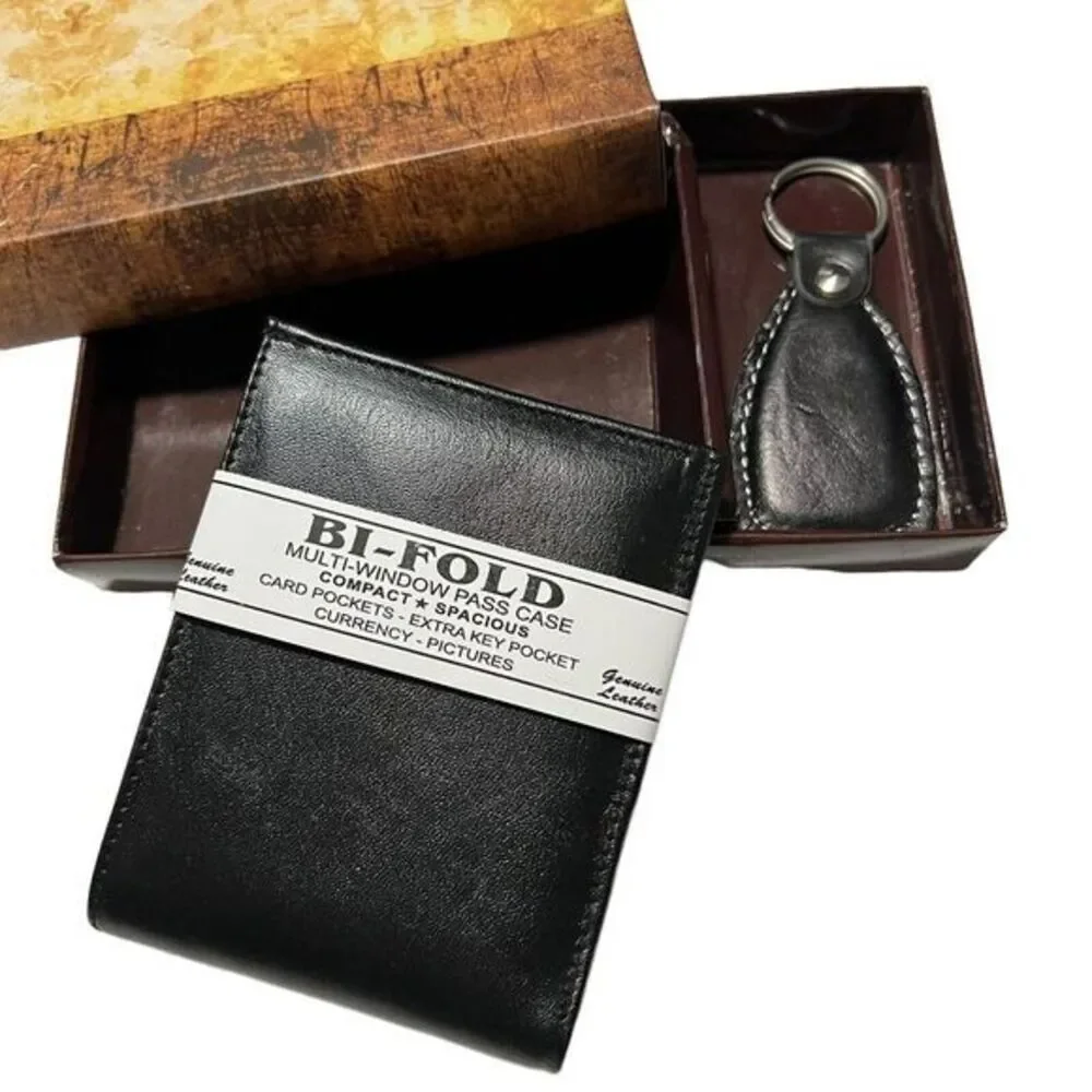 Bi-Fold Hand Crafted in Genuine Leather Black Wallets W/ Multi-Window Pass Case‎